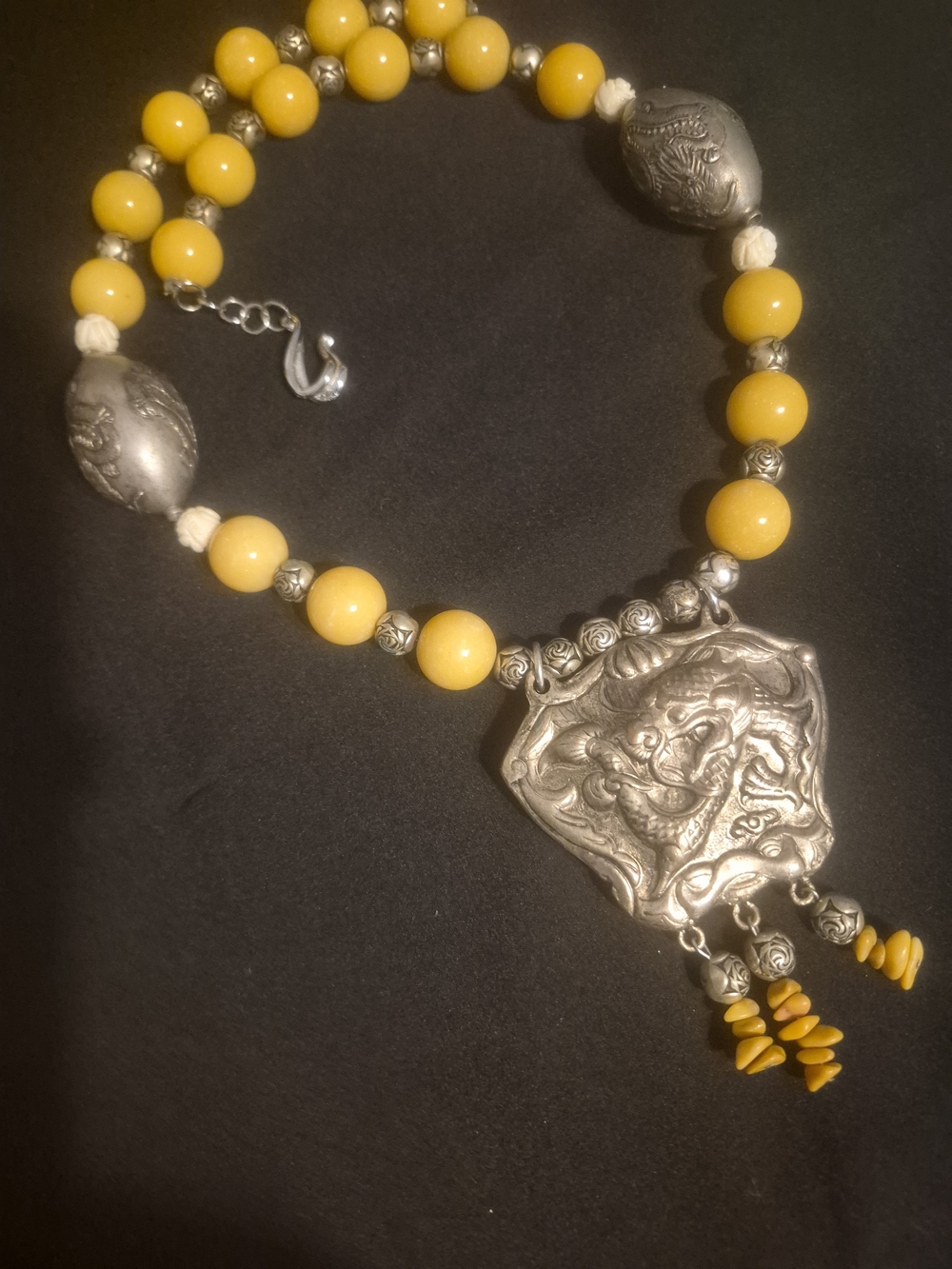 Artisan Yellow Beaded Chinese Pendant Necklace